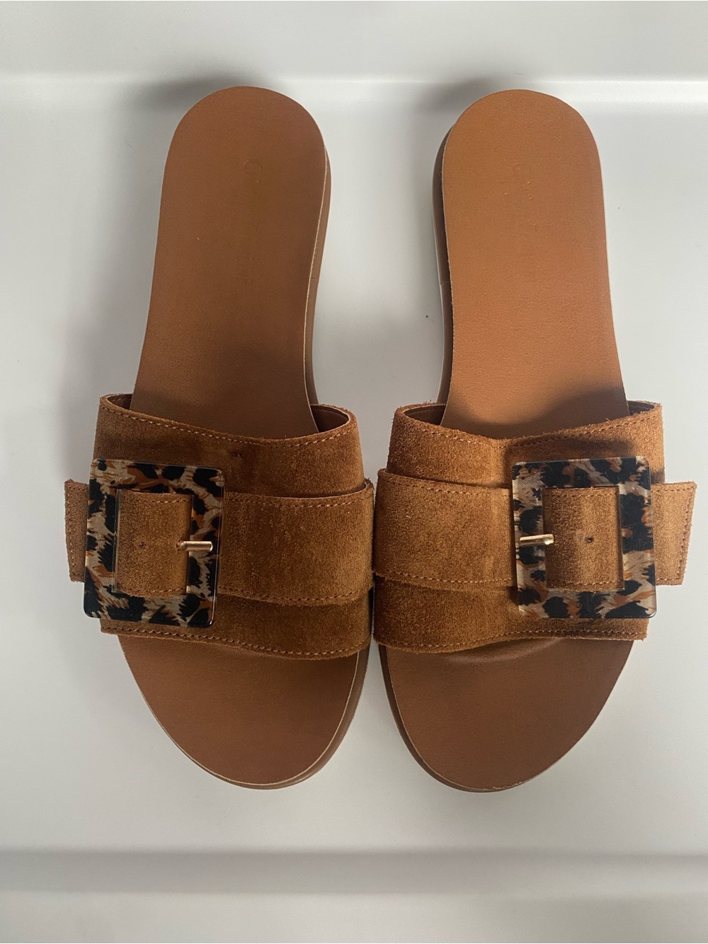 Cristina Francini Made in Italy Brown Suede Leopard Buckle Slides Sz 8